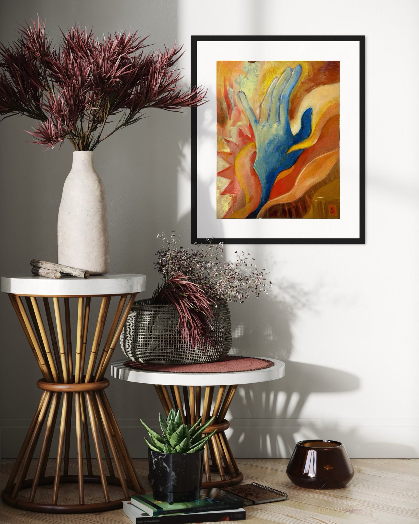 Decorative setting with a vase, side table, and abstract painting on a wall.