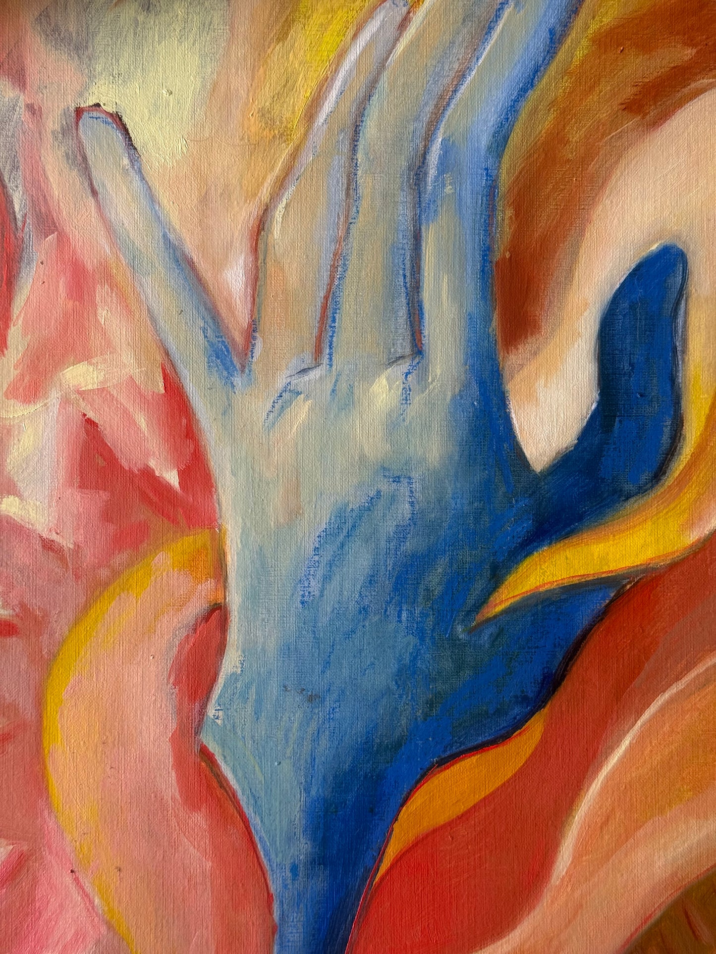 Abstract painting with swirling colors of blue, red, and yellow on a textured surface.