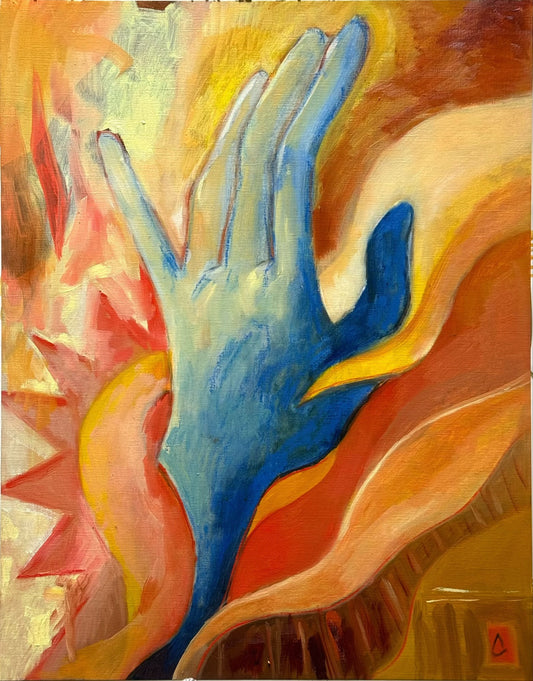 Abstract painting with a blue hand-like shape surrounded by warm colors