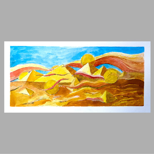 Watercolour landscape on paper, gold square